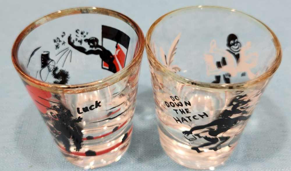 Pair of Vintage 960's Good Luck Black Cat Shot Glasses/ Barware Halloween